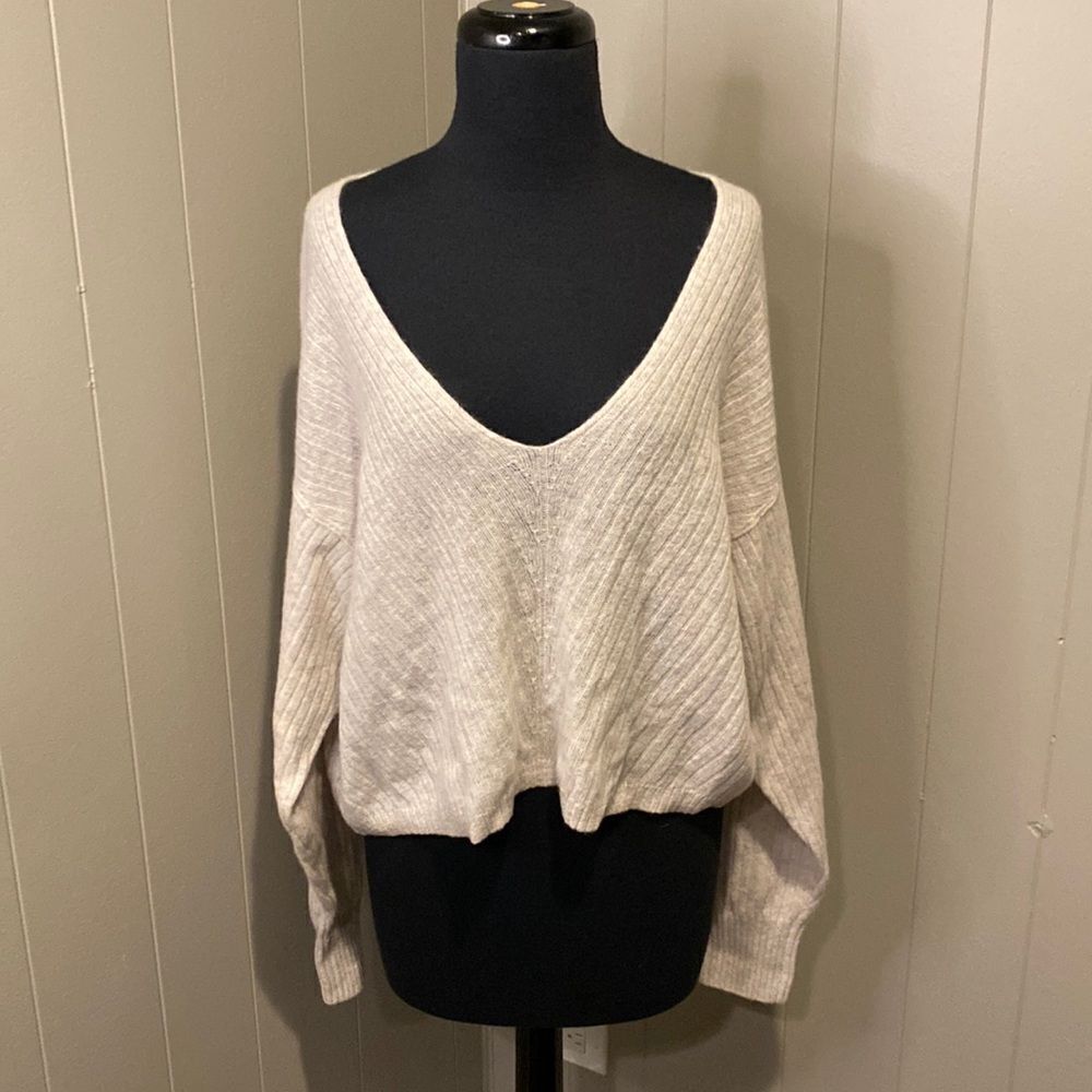 Free People Small Knit Heather Grey Oversized Sweater Wide V Neck